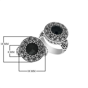 Wholesale sterling silver ring with round Black Onyx Quartz and engraved Balinese bezel.
