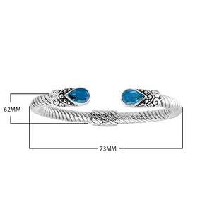 "Wholesale sterling silver cuff Bangle with teardrop Blue Topaz Quartz and Balinese rope design, handmade in Bali"