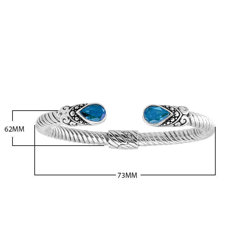 "Wholesale sterling silver cuff Bangle with teardrop Blue Topaz Quartz and Balinese rope design, handmade in Bali"
