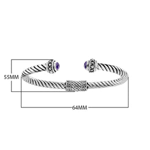 Sterling silver Balinese cuff bangle with round amethyst quartz and rope-style band