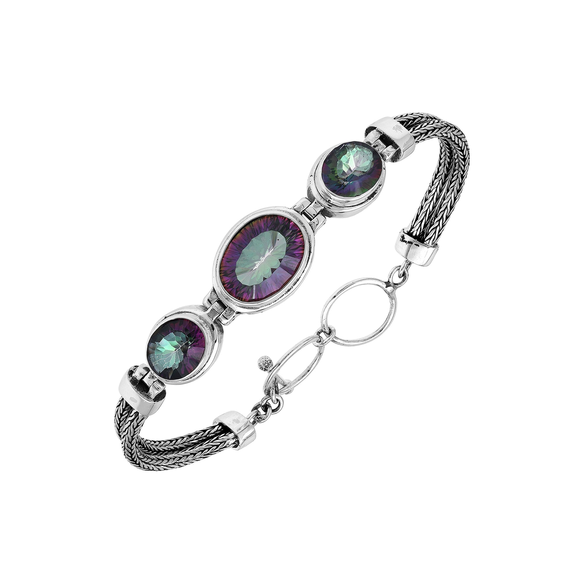 Sterling silver bracelet with three mystic quartz stones and woven Bali chain.