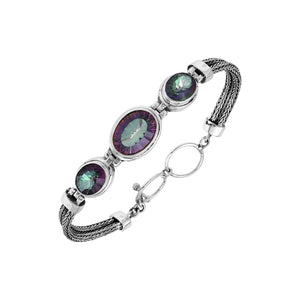 Sterling silver bracelet with three mystic quartz stones and woven Bali chain.