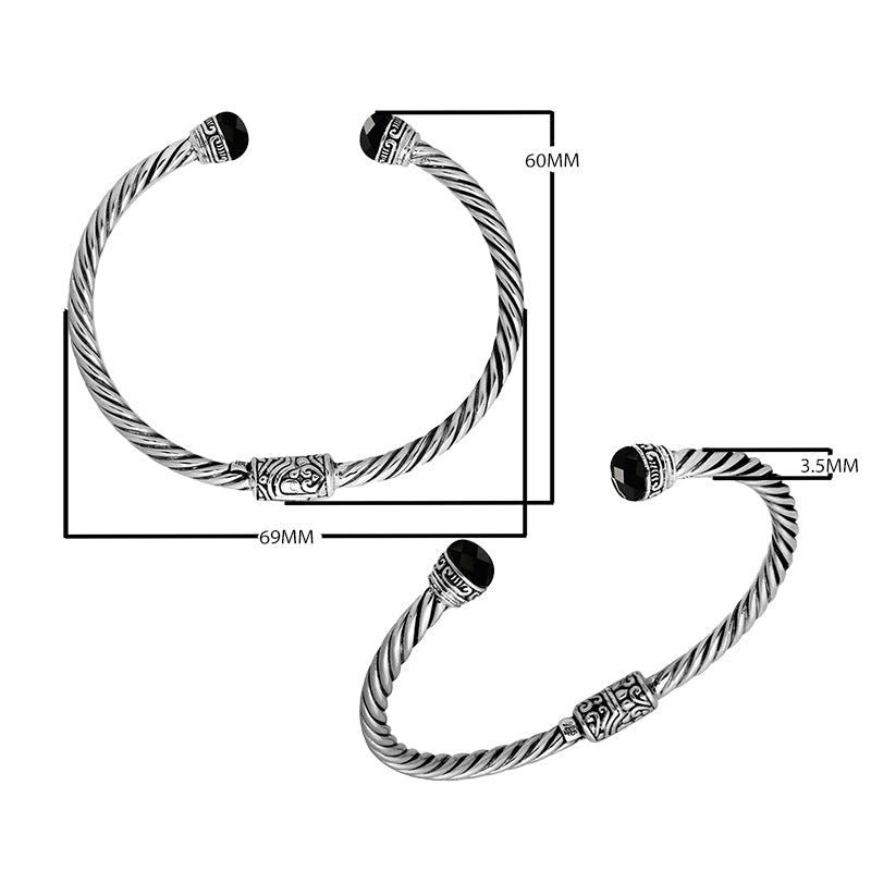 Wholesale sterling silver Black Onyx bangle with twisted rope design, Balinese motifs, and oxidized finish, handcrafted in Bali.