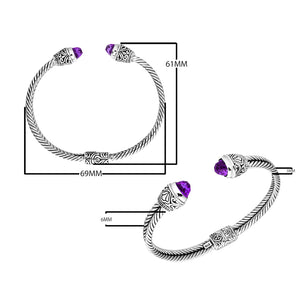Wholesale sterling silver Amethyst Quartz bangle with twisted rope design, Balinese motifs, and oxidized finish, handcrafted in Bali.