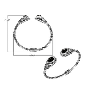 Sterling silver handcrafted bangle with black onyx, twisted rope design, Bali jewelry.