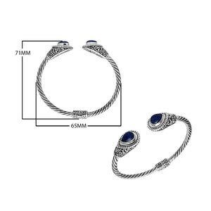Sterling silver handcrafted bangle with sapphire quartz, twisted rope Balinese cuff.
