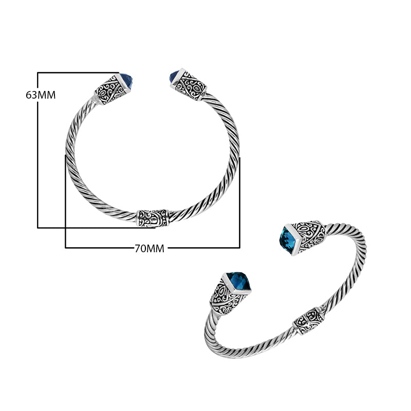 Sterling silver handcrafted bangle with blue topaz quartz, twisted rope Balinese cuff.