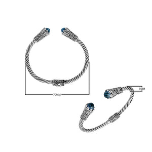 Sterling silver handcrafted bangle with Blue Topaz Quartz, twisted rope Balinese design.