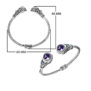 Wholesale Amethyst Quartz and Blue Topaz Sterling Silver bangle, handcrafted in Bali.