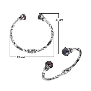925 Sterling Silver Gray Pearl Bangle with twisted cable design and Balinese handcrafted detailing