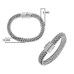 925 Sterling Silver woven bracelet with designer engraved push lock clasp handcrafted in Bali