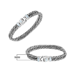 Two-view product image of a sterling silver double-braided bracelet with a rectangular Mother of Pearl inlay clasp, shown on a white background.