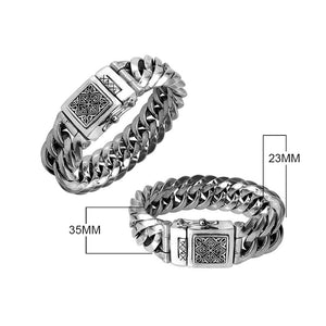 Two-view image of a wide sterling silver curb bracelet with an engraved decorative box clasp, shown on a white background.