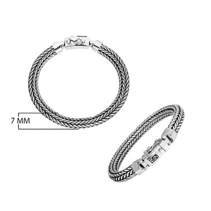 Two-angle product image of a 7MM 925 sterling silver woven rope bracelet with a secure latch clasp, shown on white background.