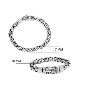 925 sterling silver 7x10 mm woven Bali bracelet with oxidized finish and detailed clasp.