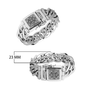 925 sterling silver 23 mm heavy curb link Bali bracelet with high polish and engraved clasp.