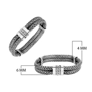 925 sterling silver 4x6 mm woven mesh Bali bracelet with oxidized finish and engraved clasp.
