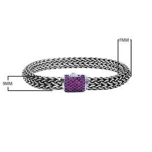 925 sterling silver woven Bali bracelet with Amethyst Quartz stone clasp and oxidized finish.