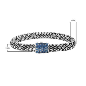 925 sterling silver Bali bracelet with Blue Topaz Quartz clasp and oxidized finish.