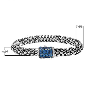 925 sterling silver Bali bracelet with Blue Topaz Quartz clasp and oxidized finish.