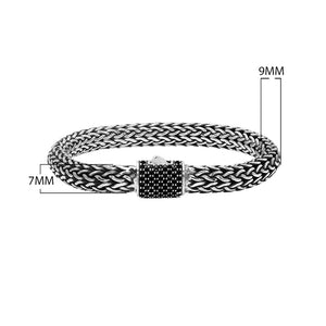 925 sterling silver woven Bali bracelet with Black Cubic Zirconia clasp and oxidized finish.