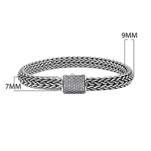 925 sterling silver woven Bali bracelet with White Cubic Zirconia clasp and oxidized finish.