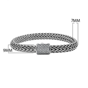 925 sterling silver woven Bali bracelet with White Cubic Zirconia clasp and oxidized finish.