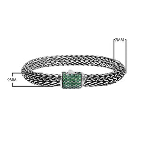 925 sterling silver woven Bali bracelet with Emerald Quartz clasp and oxidized finish.