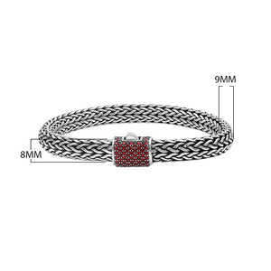 925 sterling silver woven Bali bracelet with Garnet Quartz clasp and oxidized finish.