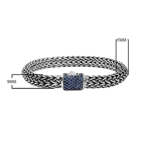 925 sterling silver woven Bali bracelet with Sapphire Quartz clasp and oxidized finish.