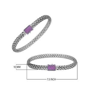 925 sterling silver 4x6 mm woven Bali bracelet with Amethyst Quartz clasp and oxidized finish.