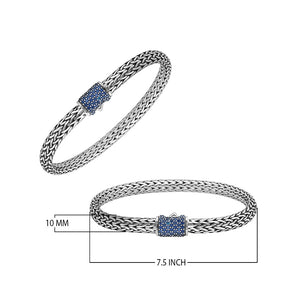 925 sterling silver 4x6 mm woven Bali bracelet with Blue Topaz Quartz clasp and oxidized finish.
