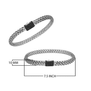 Handwoven 925 sterling silver 4x6 mm Bali bracelet with Black Cubic Zirconia clasp and oxidized finish.