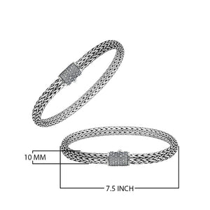 Handwoven 925 sterling silver 4x6 mm Bali bracelet with White Cubic Zirconia clasp and oxidized finish.