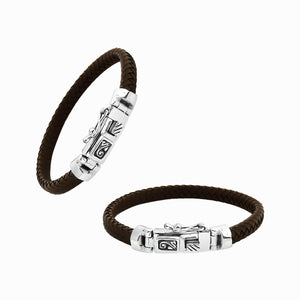 Sterling silver bracelet with brown braided leather and box clasp for wholesale