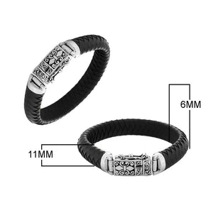 Sterling silver bracelet with black braided leather and ornate box clasp for wholesale
