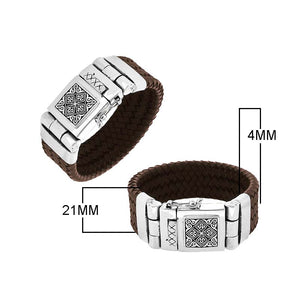 Sterling silver bracelet with brown braided leather and engraved box clasp for wholesale