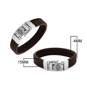 Sterling silver bracelet with brown braided leather and engraved box clasp for wholesale
