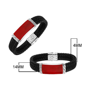 Sterling silver bracelet with black braided leather and red coral inlay for wholesale