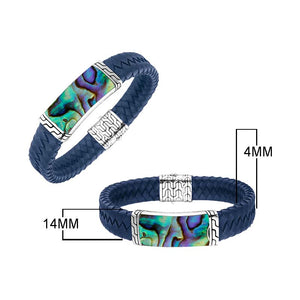 Sterling Silver Bracelet With Blue Leather Featuring Abalone Shell Accent