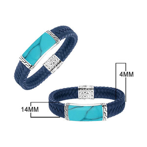 Sterling Silver Bracelet With Blue Leather Featuring Turquoise Shell Accent