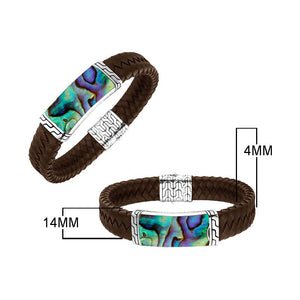 Sterling Silver Bracelet With Brown Leather Featuring Abalone Shell Accent