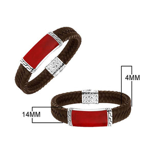 Sterling Silver Bracelet With Brown Leather Featuring Red Coral Accent