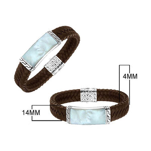 Sterling Silver Bracelet With Brown Leather Featuring Mother Of Pearl Accent