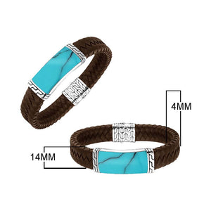 Sterling Silver Bracelet With Brown Leather Featuring Turquoise Shell Accent