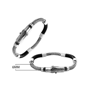 Sterling Silver Braided Chain Bracelet With Black Leather And Push Clasp