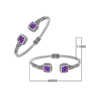 Sterling silver braided bangle with amethyst quartz ends and Balinese oxidized design