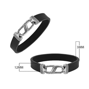 925 Sterling Silver Bracelet With Black Leather And Hook Lock On White Background
