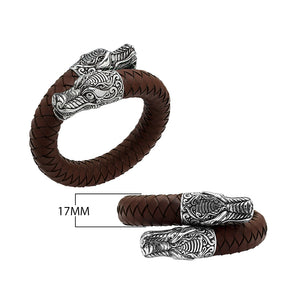 925 Sterling Silver Dragon Bracelet With Brown Leather On White Background