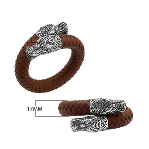 925 Sterling Silver Dragon Bracelet With Light Brown Leather On White Background